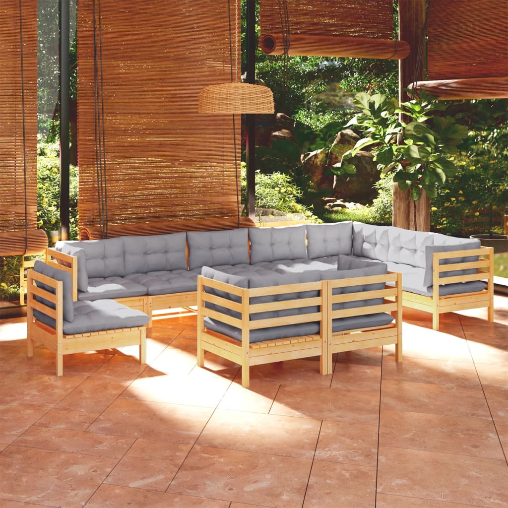 10-Tlg. Garten-Lounge-Set Mit Grauen Kissen Kiefer Massivholz