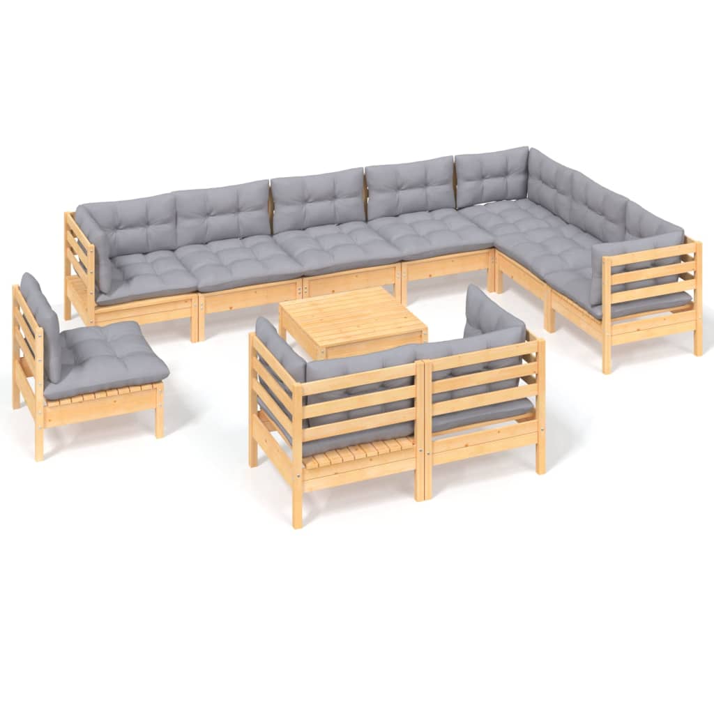 11-Tlg. Garten-Lounge-Set Mit Grauen Kissen Kiefer Massivholz