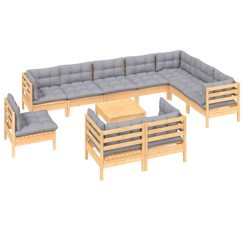11-Tlg. Garten-Lounge-Set Mit Grauen Kissen Kiefer Massivholz