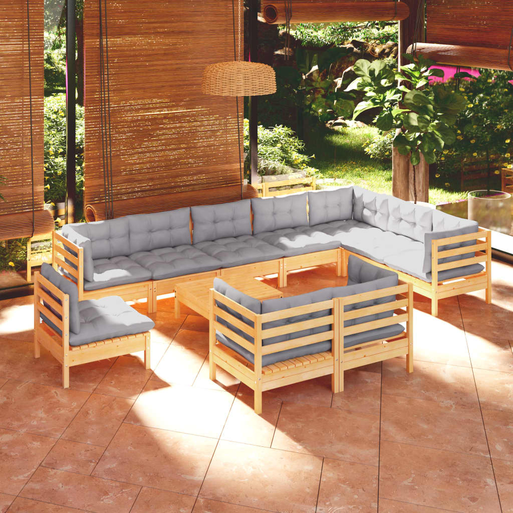 11-Tlg. Garten-Lounge-Set Mit Grauen Kissen Kiefer Massivholz