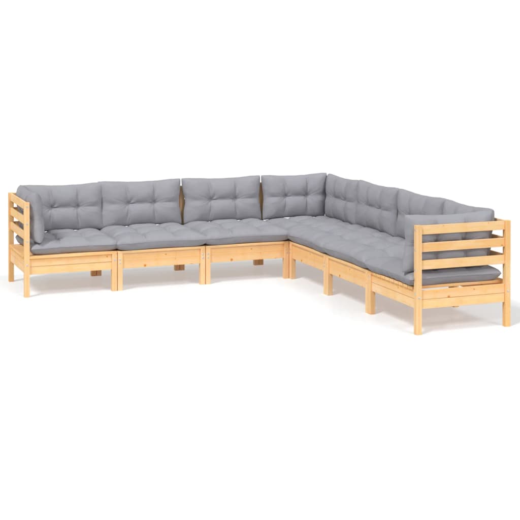7-Tlg. Garten-Lounge-Set Mit Grauen Kissen Kiefer Massivholz
