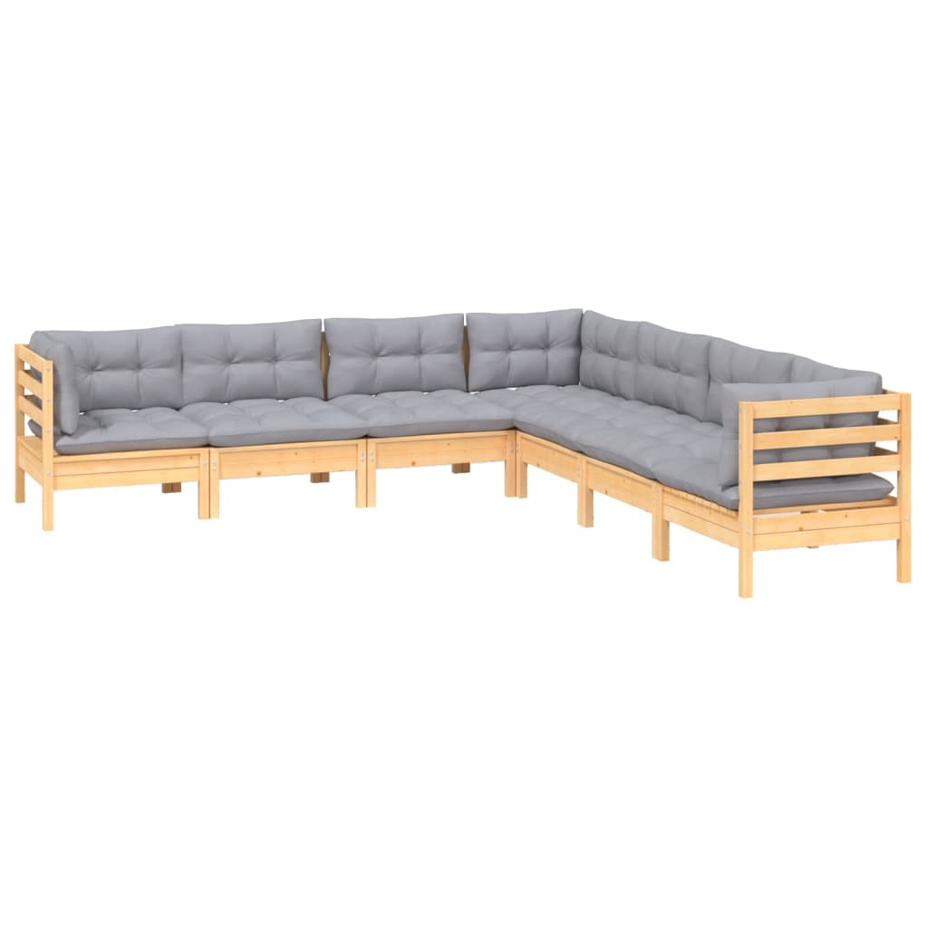 7-Tlg. Garten-Lounge-Set Mit Grauen Kissen Kiefer Massivholz
