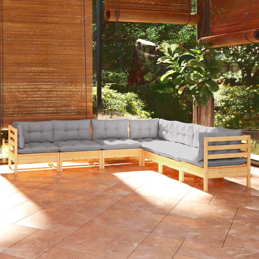 7-Tlg. Garten-Lounge-Set Mit Grauen Kissen Kiefer Massivholz