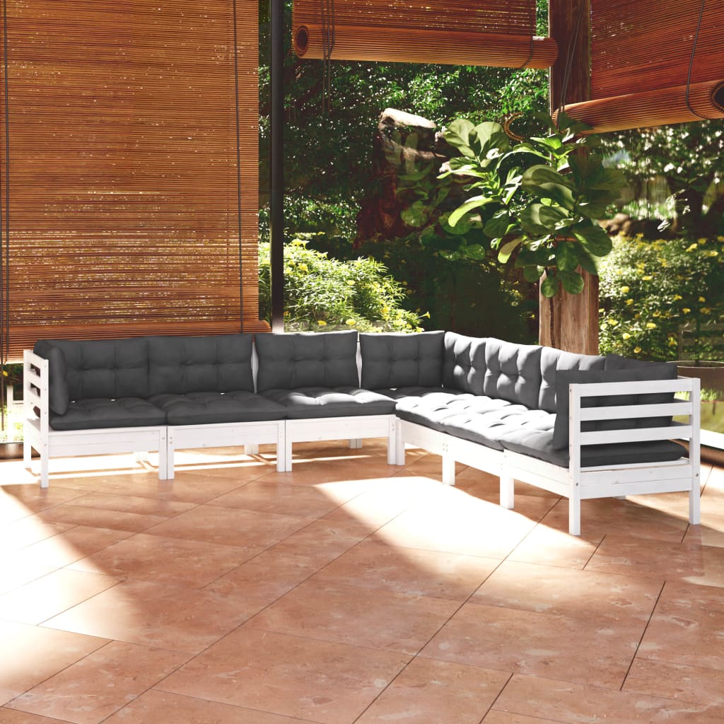 7-Tlg. Garten-Lounge-Set Mit Grauen Kissen Kiefer Massivholz