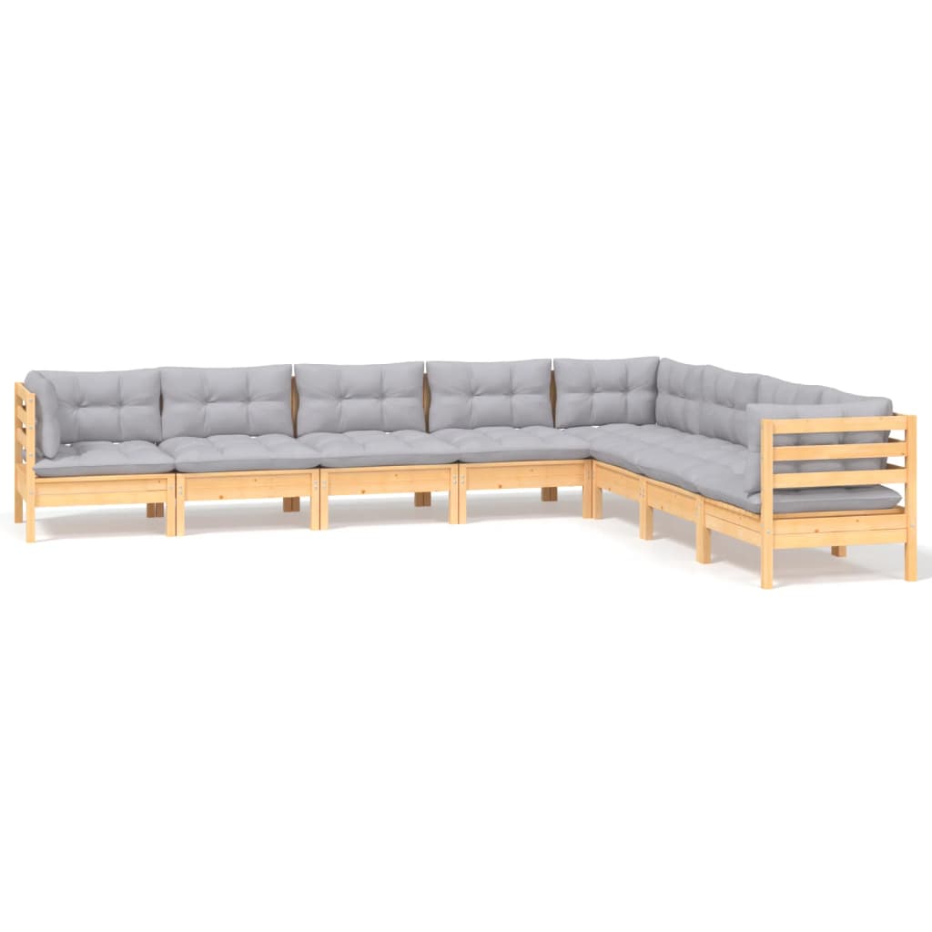 8-Tlg. Garten-Lounge-Set Mit Grauen Kissen Kiefer Massivholz