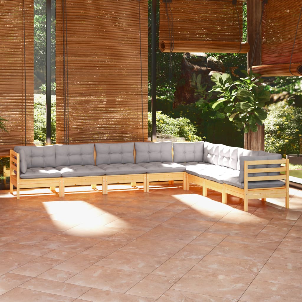 8-Tlg. Garten-Lounge-Set Mit Grauen Kissen Kiefer Massivholz