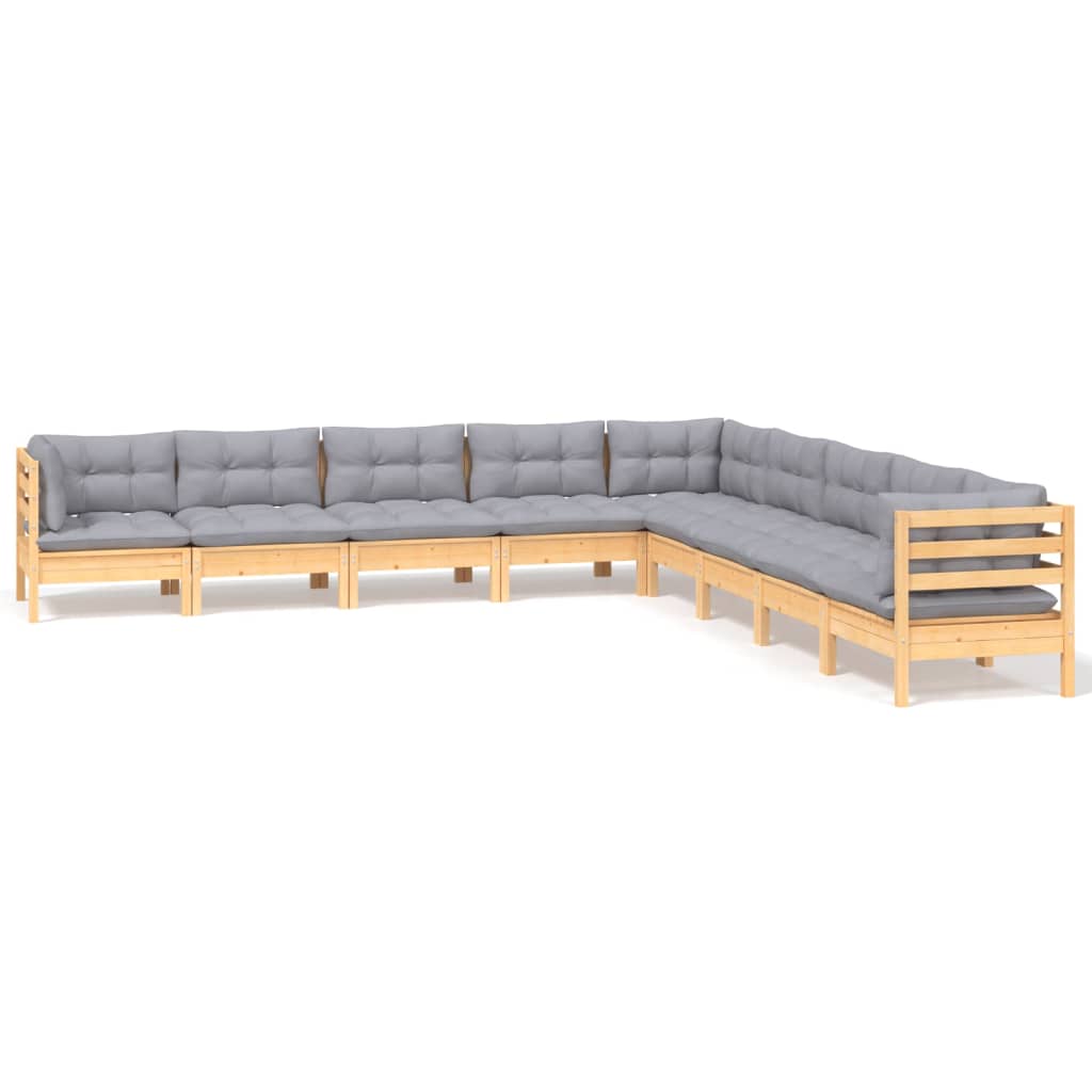 9-Tlg. Garten-Lounge-Set Mit Grauen Kissen Kiefer Massivholz