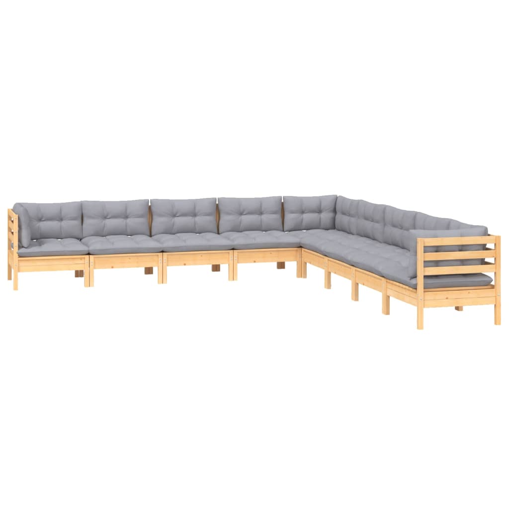 9-Tlg. Garten-Lounge-Set Mit Grauen Kissen Kiefer Massivholz