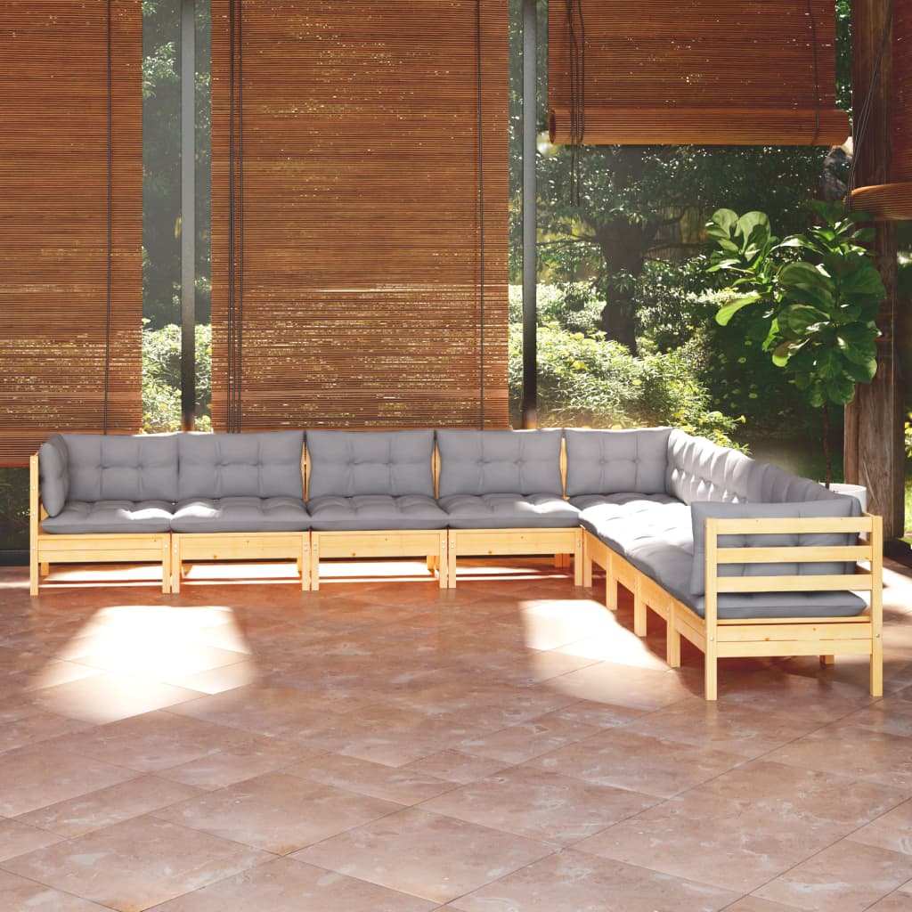9-Tlg. Garten-Lounge-Set Mit Grauen Kissen Kiefer Massivholz