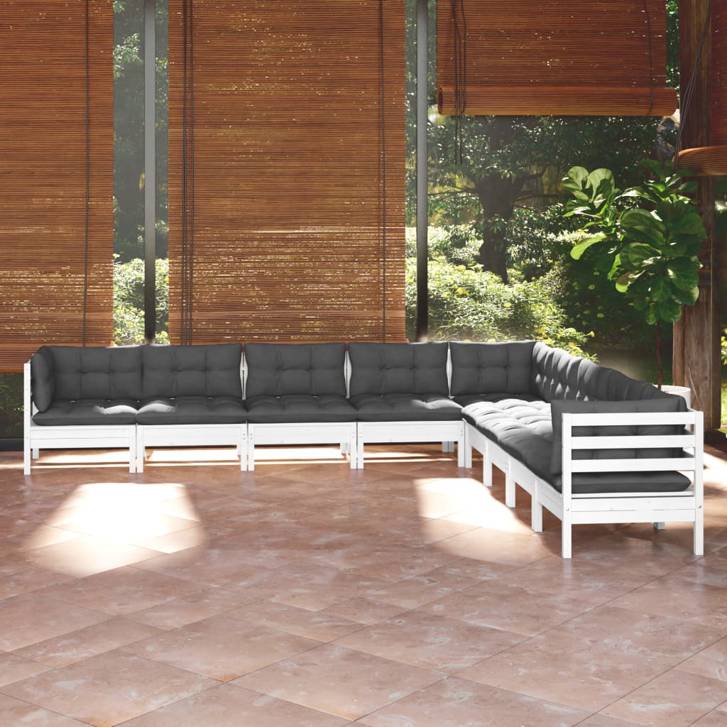 9-Tlg. Garten-Lounge-Set Mit Grauen Kissen Kiefer Massivholz