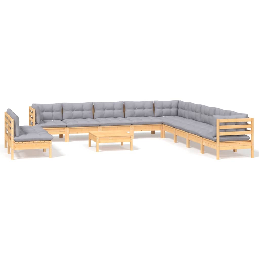 12-Tlg. Garten-Lounge-Set Mit Grauen Kissen Massivholz Kiefer