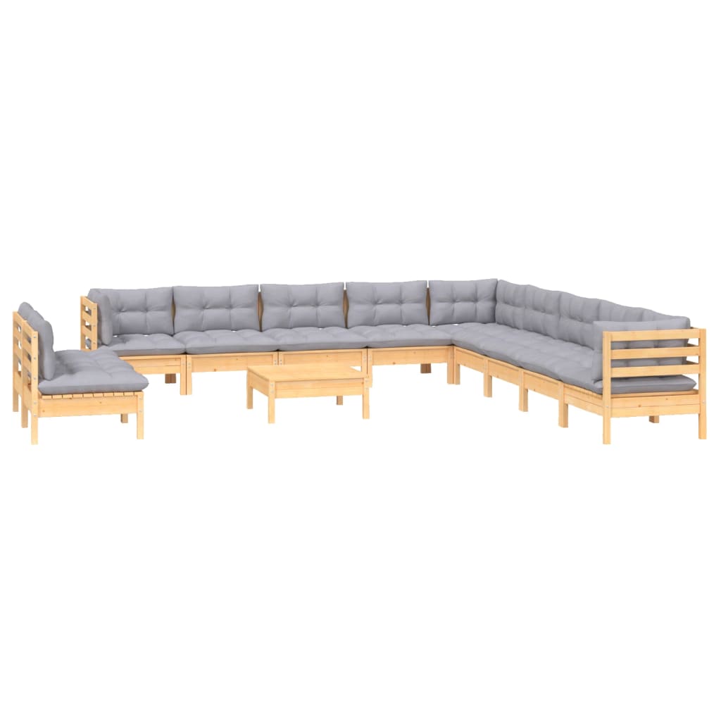 12-Tlg. Garten-Lounge-Set Mit Grauen Kissen Massivholz Kiefer