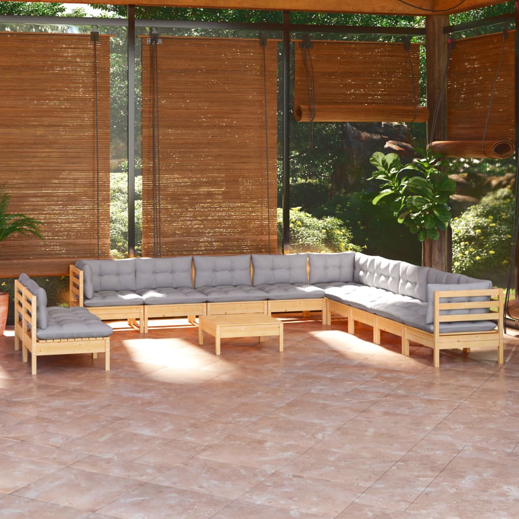 12-Tlg. Garten-Lounge-Set Mit Grauen Kissen Massivholz Kiefer