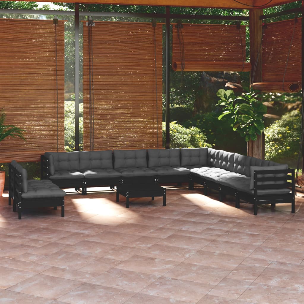 12-Tlg. Garten-Lounge-Set Mit Grauen Kissen Massivholz Kiefer