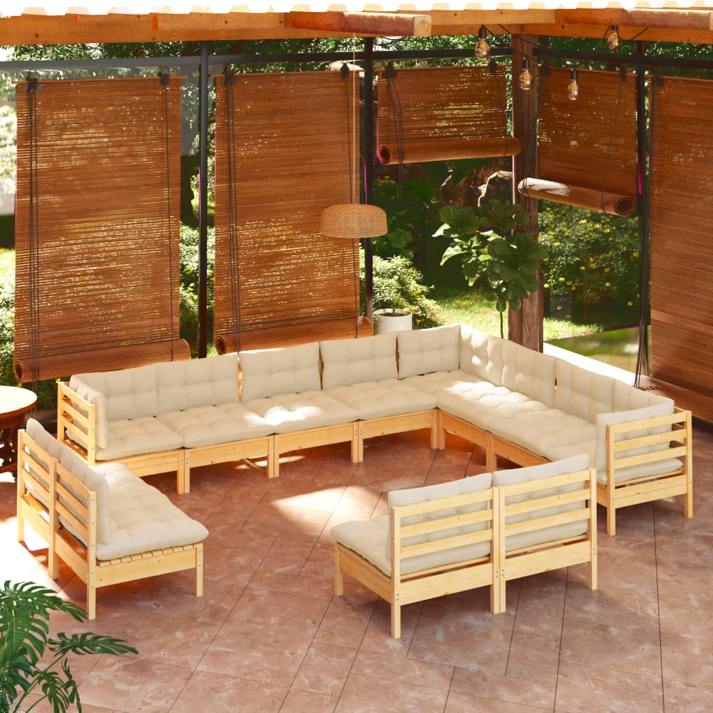 12-Tlg. Garten-Lounge-Set Mit Creme Kissen Massivholz Kiefer
