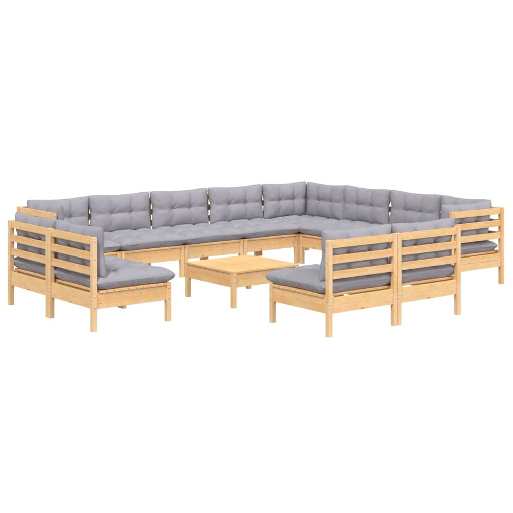 13-Tlg. Garten-Lounge-Set Mit Grauen Kissen Massivholz Kiefer
