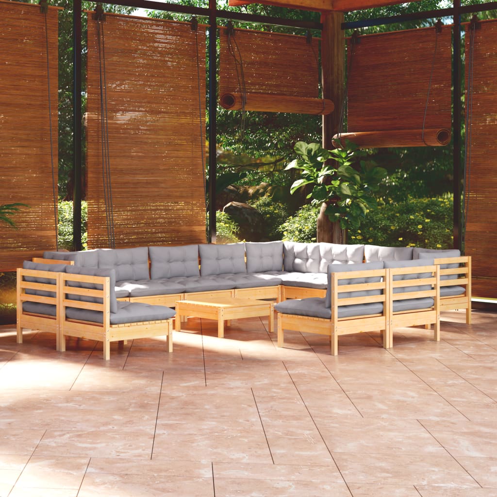 13-Tlg. Garten-Lounge-Set Mit Grauen Kissen Massivholz Kiefer