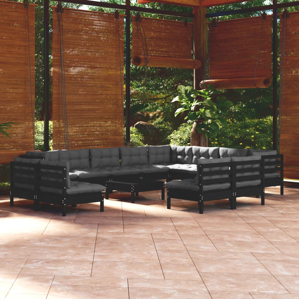 13-Tlg. Garten-Lounge-Set Mit Grauen Kissen Massivholz Kiefer