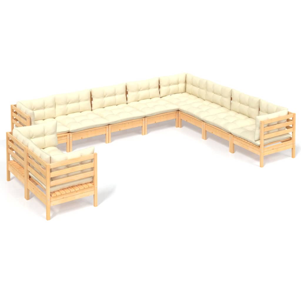 10-Tlg. Garten-Lounge-Set Mit Creme Kissen Massivholz Kiefer