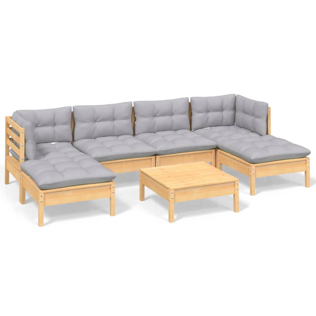 7-Tlg. Garten-Lounge-Set Mit Grauen Kissen Kiefernholz