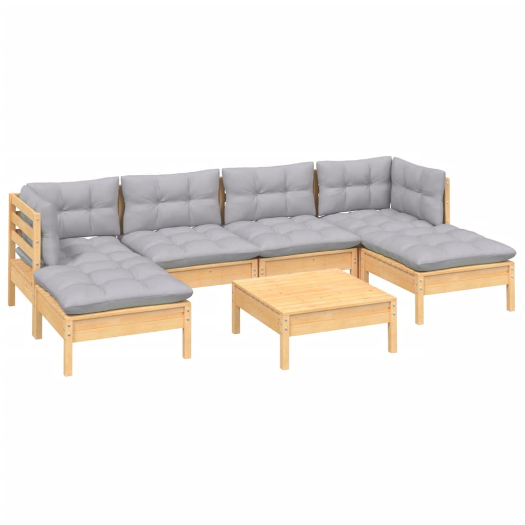 7-Tlg. Garten-Lounge-Set Mit Grauen Kissen Kiefernholz