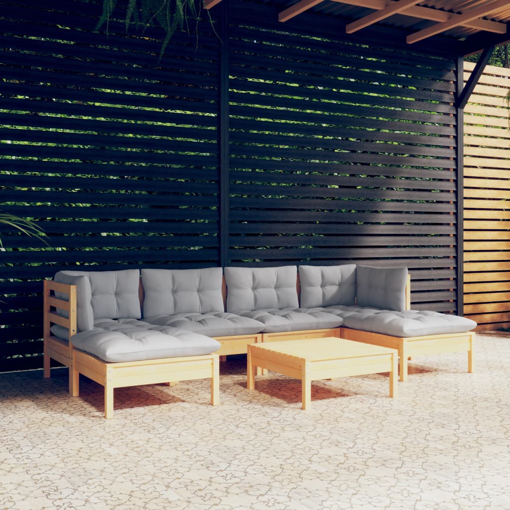 7-Tlg. Garten-Lounge-Set Mit Grauen Kissen Kiefernholz