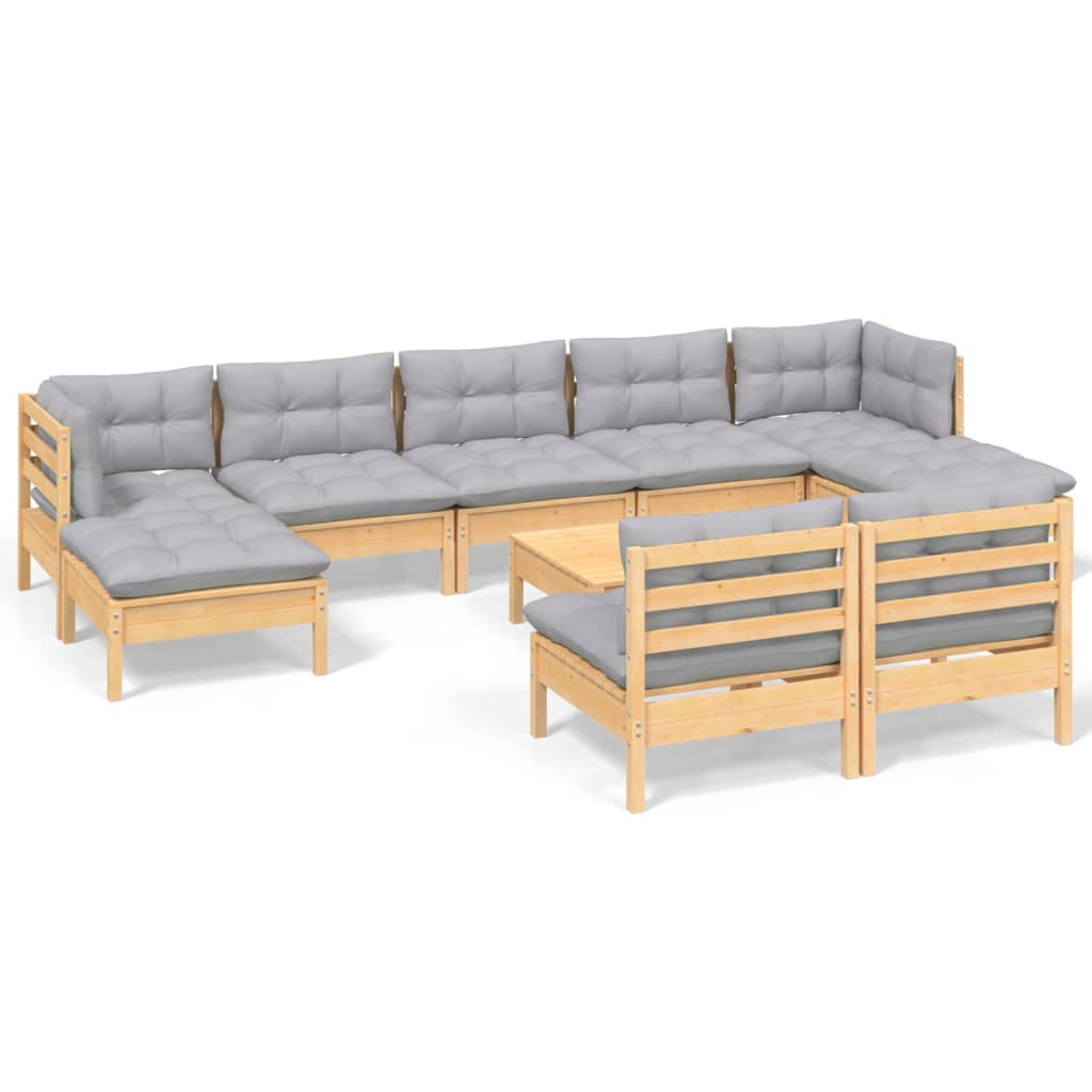 10-Tlg. Garten-Lounge-Set Mit Grauen Kissen Kiefernholz