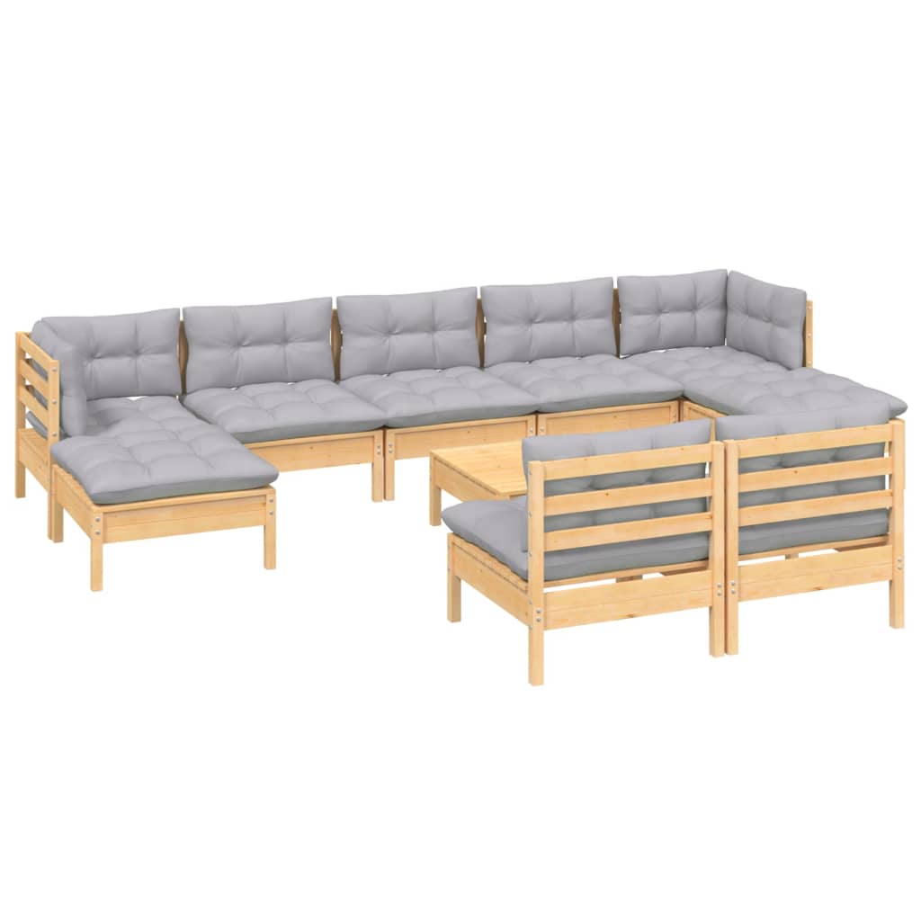 10-Tlg. Garten-Lounge-Set Mit Grauen Kissen Kiefernholz