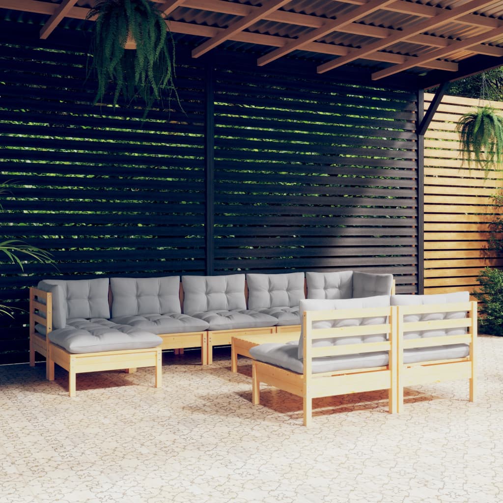 10-Tlg. Garten-Lounge-Set Mit Grauen Kissen Kiefernholz