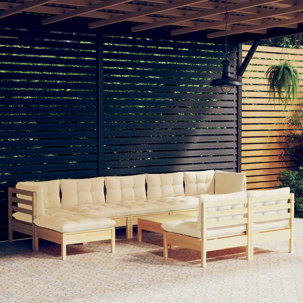10-Tlg. Garten-Lounge-Set Mit Creme Kissen Kiefernholz