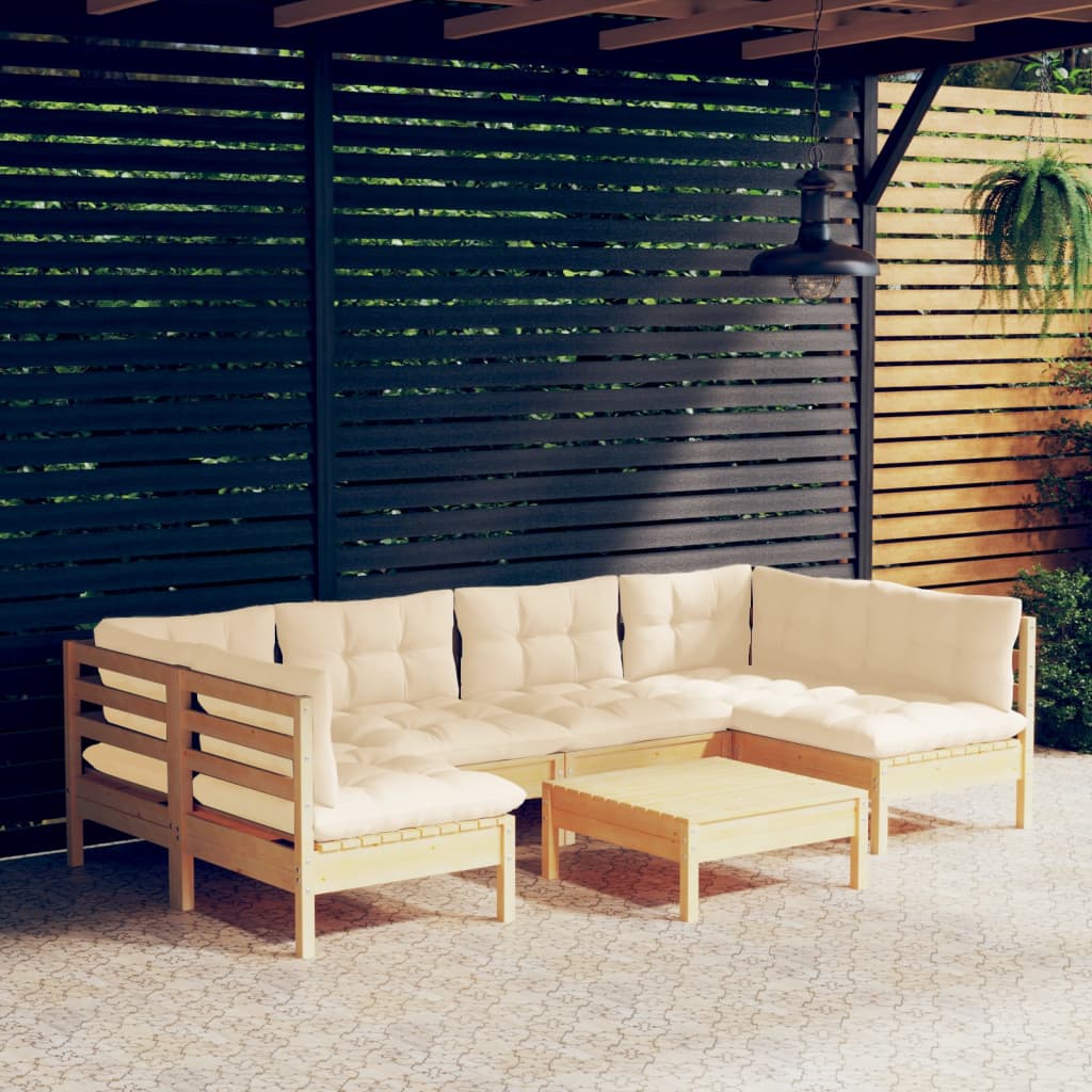 7-Tlg. Garten-Lounge-Set Mit Creme Kissen Massivholz Kiefer