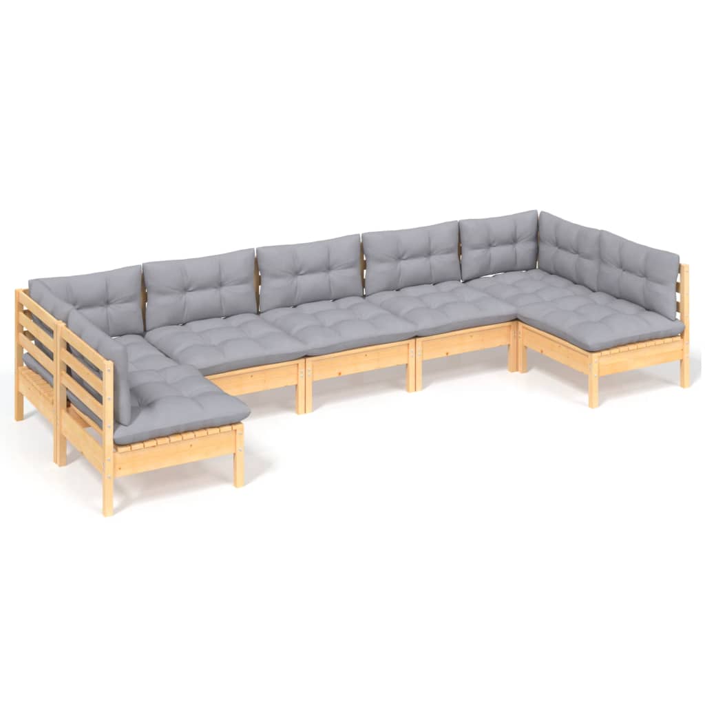 7-Tlg. Garten-Lounge-Set Mit Grauen Kissen Kiefer Massivholz