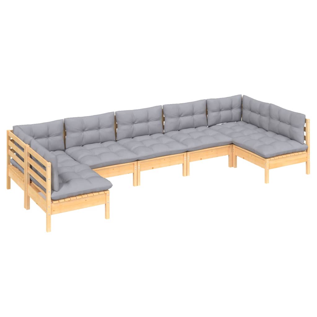 7-Tlg. Garten-Lounge-Set Mit Grauen Kissen Kiefer Massivholz