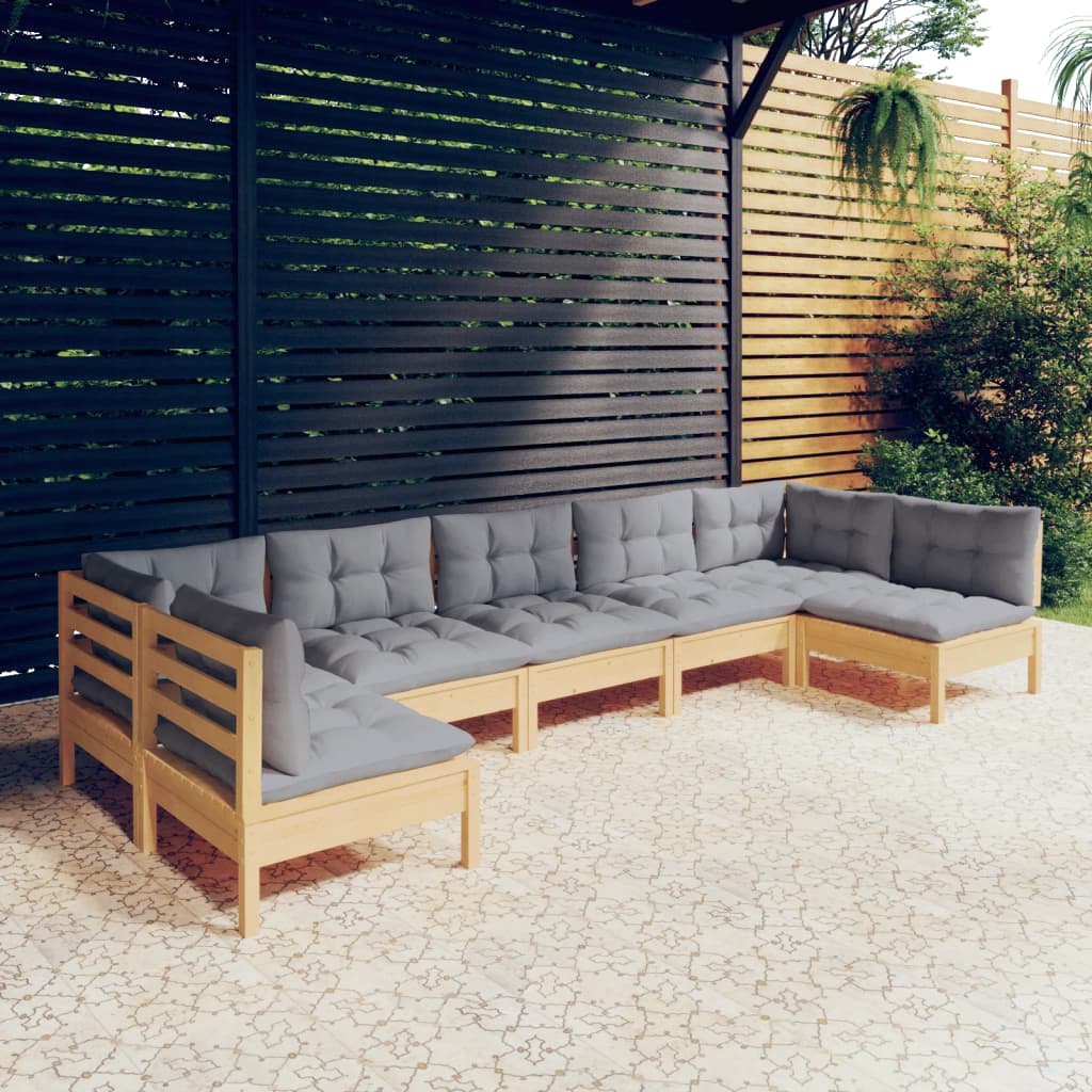 7-Tlg. Garten-Lounge-Set Mit Grauen Kissen Kiefer Massivholz