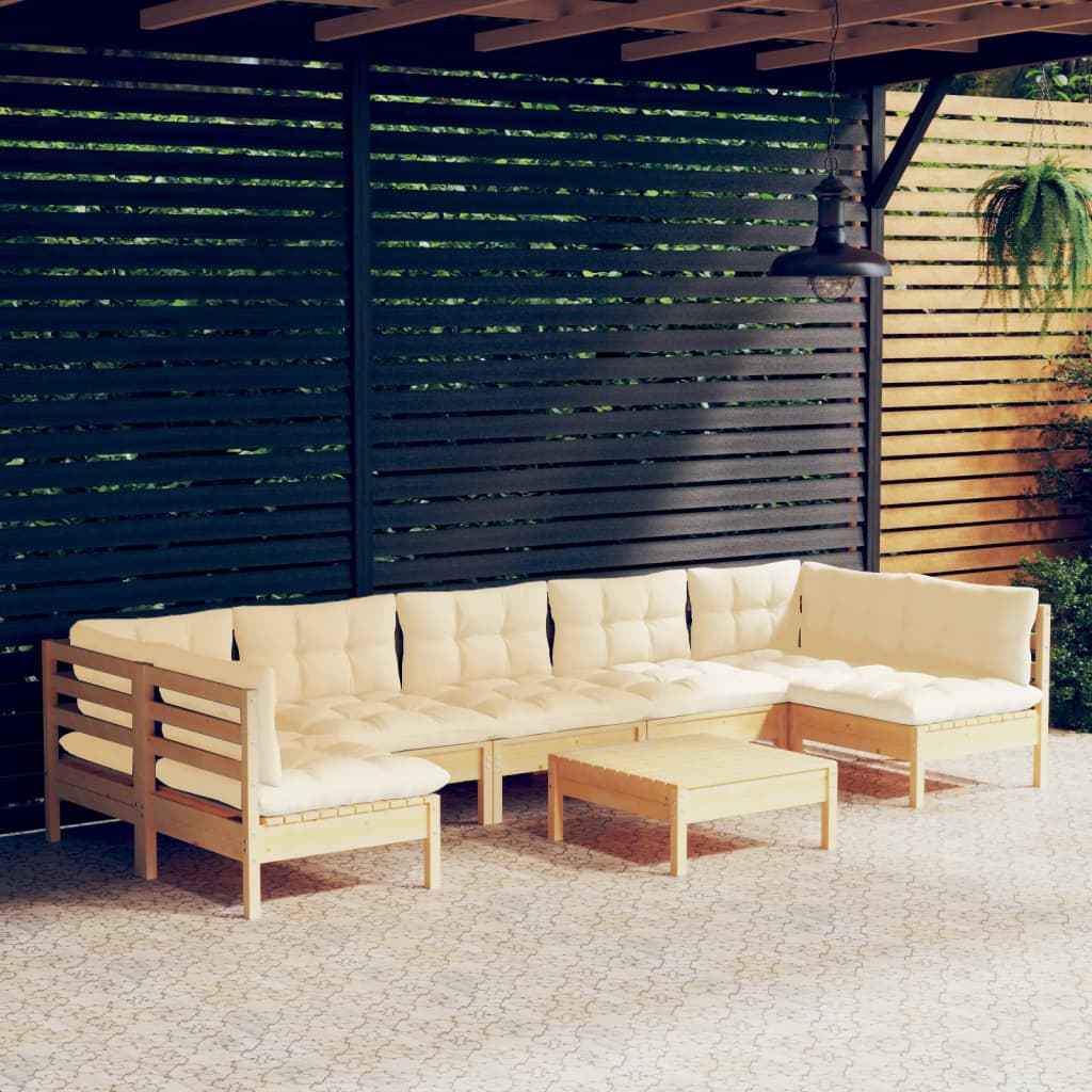 8-Tlg. Garten-Lounge-Set Mit Creme Kissen Massivholz Kiefer