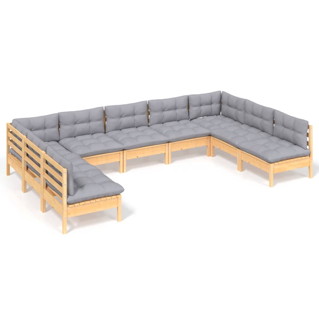 9-Tlg. Garten-Lounge-Set Mit Grauen Kissen Kiefer Massivholz