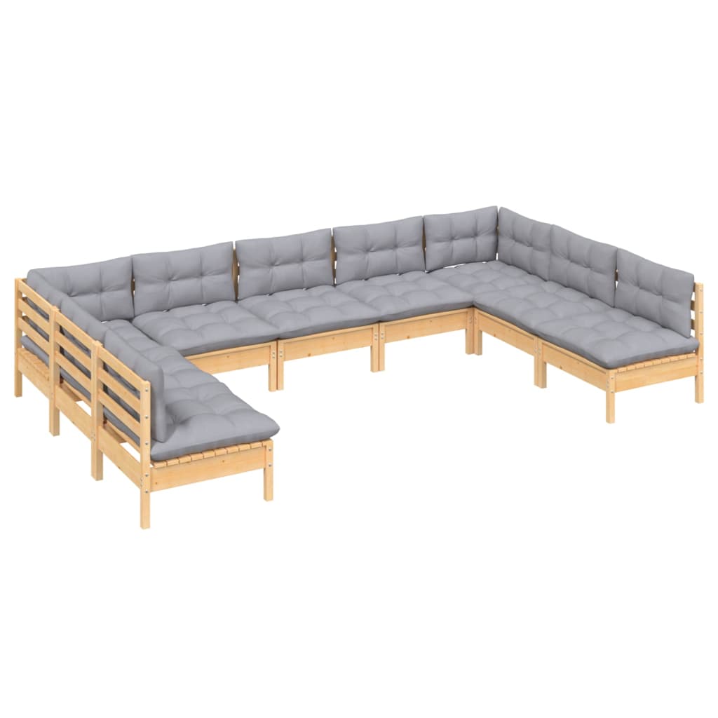 9-Tlg. Garten-Lounge-Set Mit Grauen Kissen Kiefer Massivholz