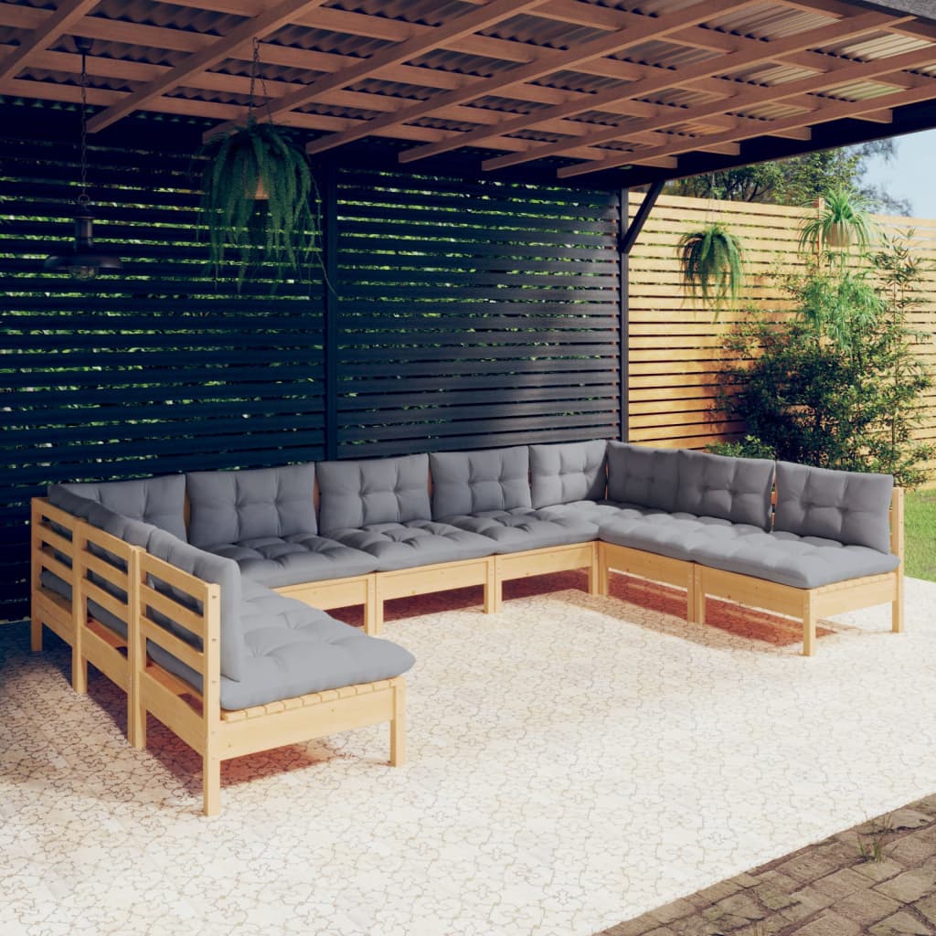 9-Tlg. Garten-Lounge-Set Mit Grauen Kissen Kiefer Massivholz