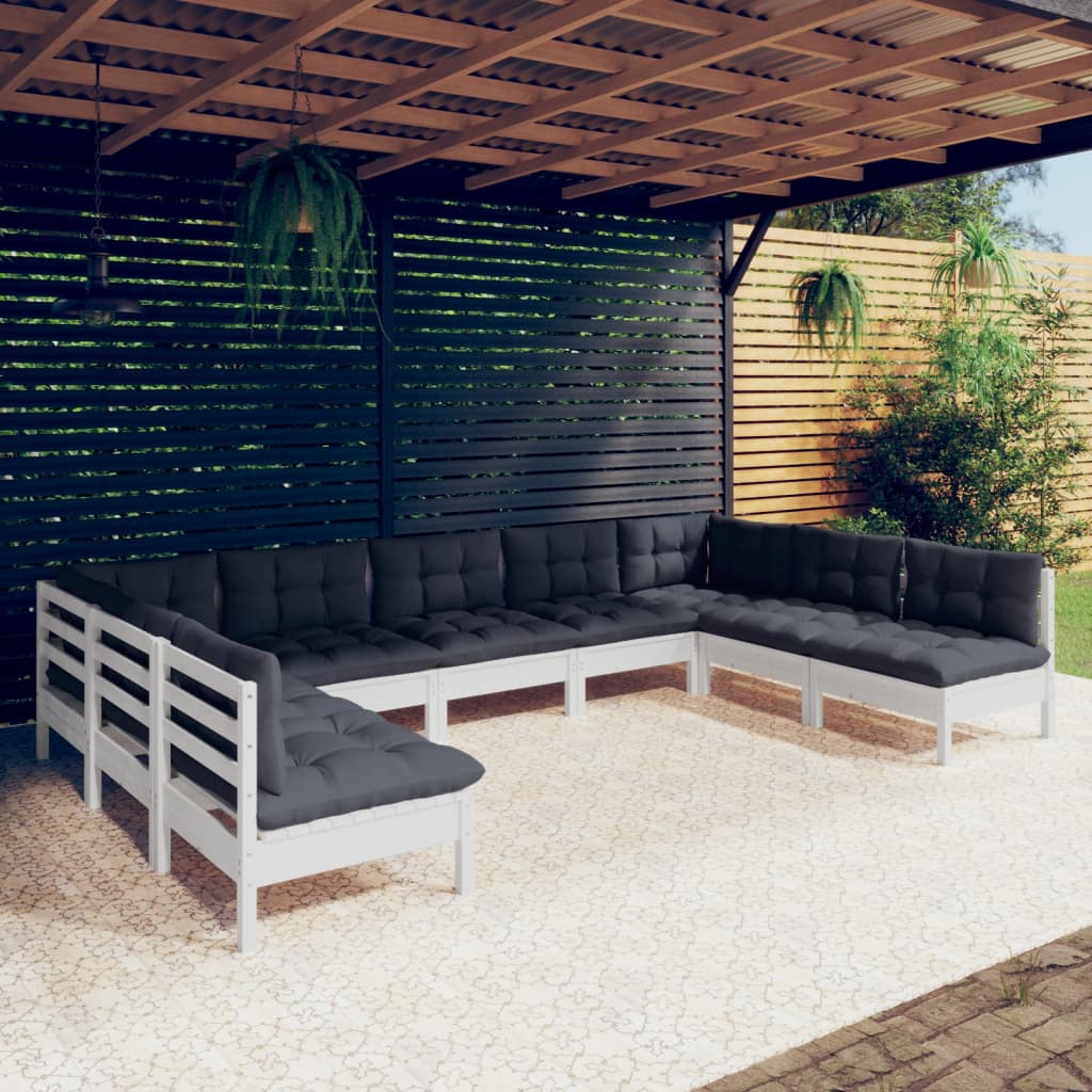 9-Tlg. Garten-Lounge-Set Mit Grauen Kissen Kiefer Massivholz