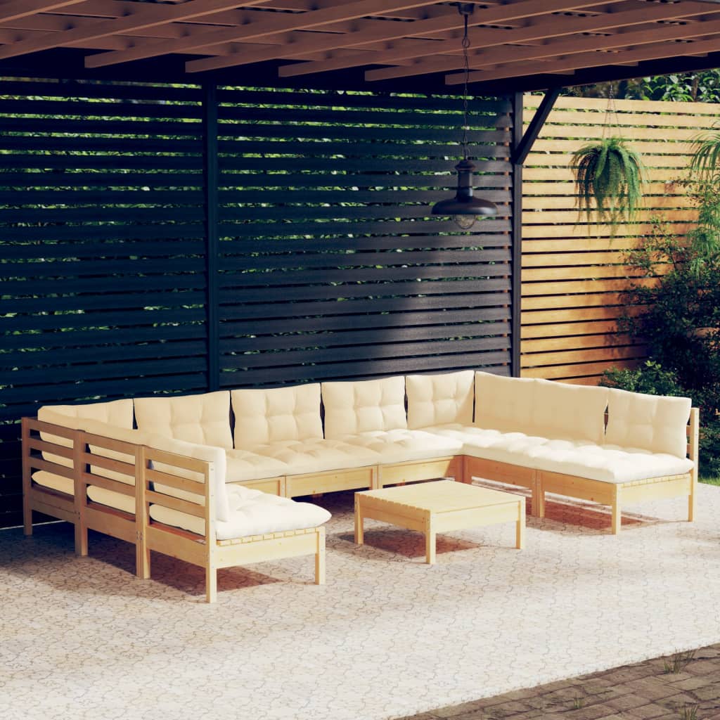 10-Tlg. Garten-Lounge-Set Mit Creme Kissen Massivholz Kiefer