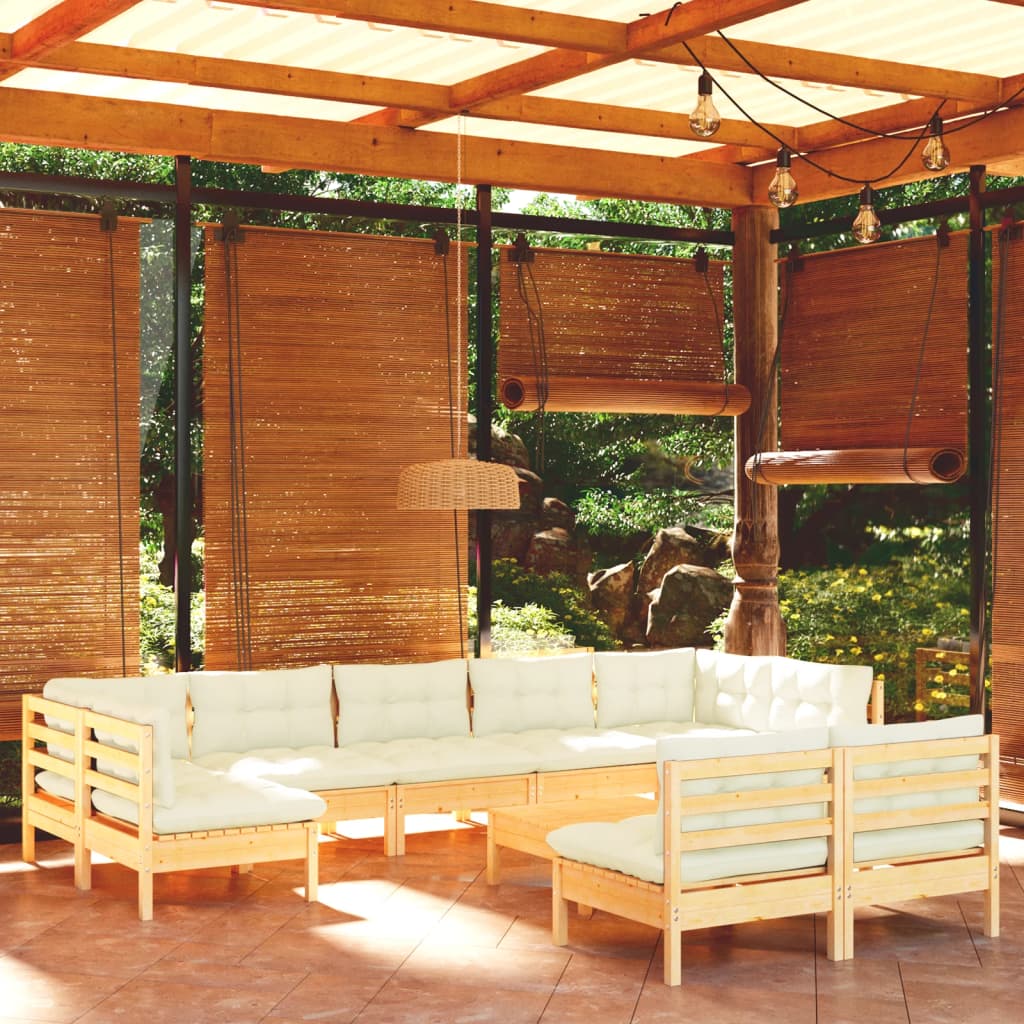 10-Tlg. Garten-Lounge-Set Mit Creme Kissen Massivholz Kiefer