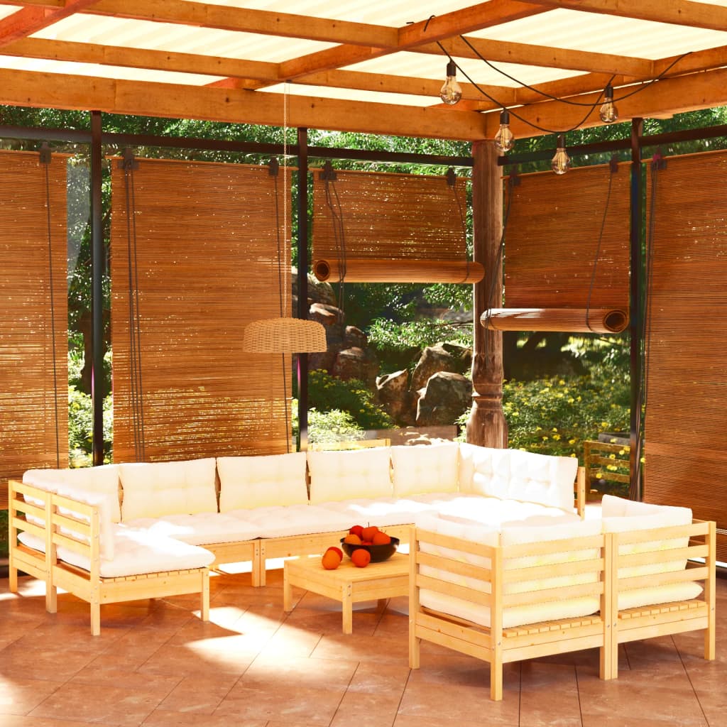 10-Tlg. Garten-Lounge-Set Mit Creme Kissen Massivholz Kiefer