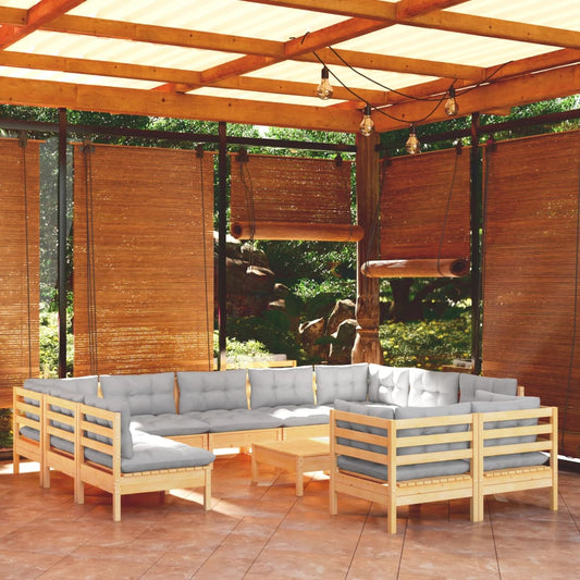 12-Tlg. Garten-Lounge-Set Mit Grauen Kissen Kiefer Massivholz