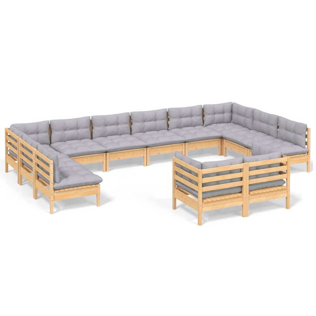 12-Tlg. Garten-Lounge-Set Mit Grauen Kissen Kiefer Massivholz