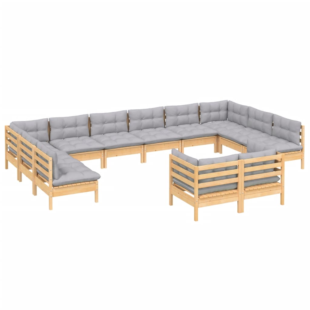 12-Tlg. Garten-Lounge-Set Mit Grauen Kissen Kiefer Massivholz