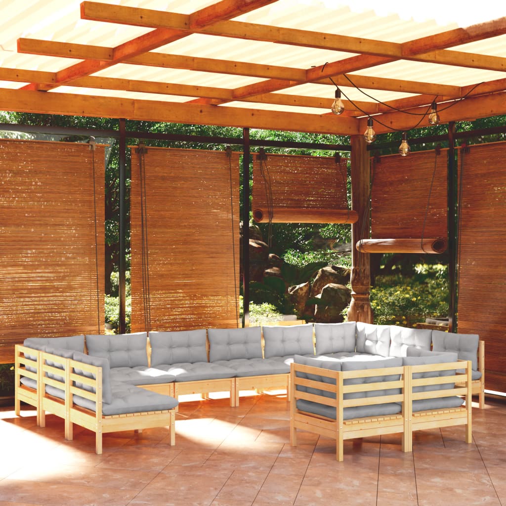 12-Tlg. Garten-Lounge-Set Mit Grauen Kissen Kiefer Massivholz