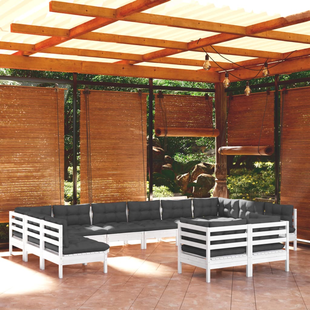 12-Tlg. Garten-Lounge-Set Mit Grauen Kissen Kiefer Massivholz