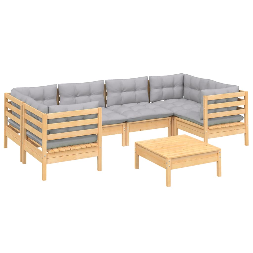 7-Tlg. Garten-Lounge-Set Mit Grauen Kissen Kiefernholz