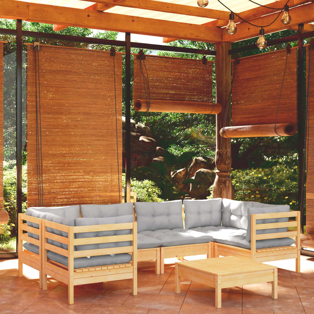 7-Tlg. Garten-Lounge-Set Mit Grauen Kissen Kiefernholz