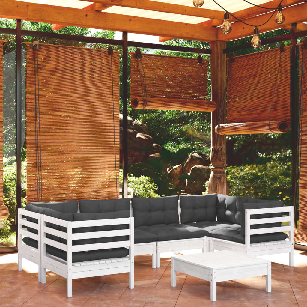 7-Tlg. Garten-Lounge-Set Mit Grauen Kissen Kiefernholz